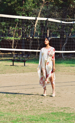 Ivory Pink Eco-Printed Mesh Neck Silk Kaftan