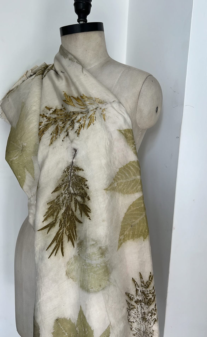 Ivory mulberry silk with classic botanical leaf eco-printed motifs, handmade in Chandigarh, India