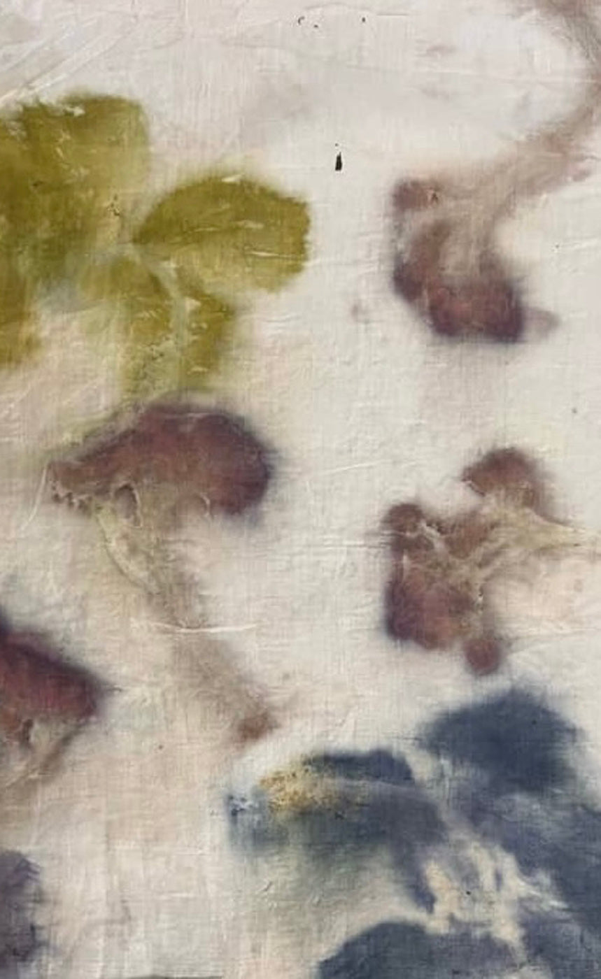 Ivory mulberry silk with hibiscus flower and leaf eco-printed motifs, handmade in Chandigarh, India