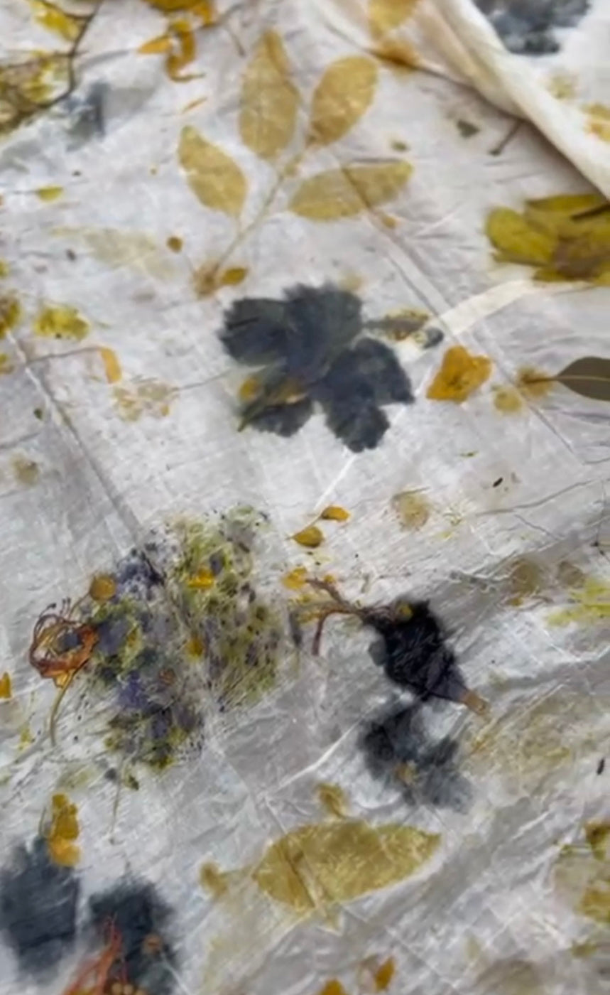 Ivory mulberry silk with floral and leaf eco-printed motifs, handmade in Chandigarh, India
