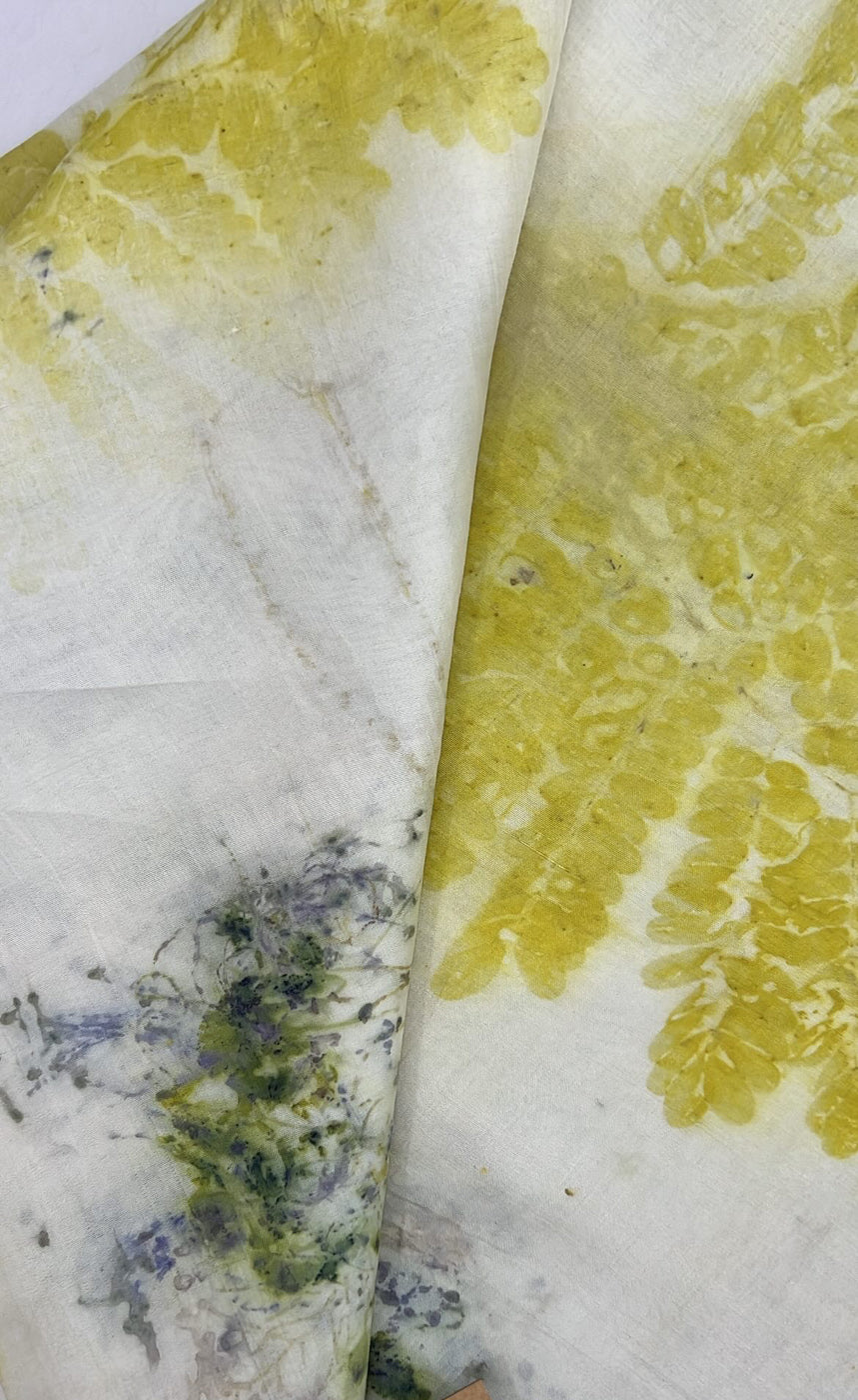Ivory mulberry silk with peacock leaf and floral eco-printed motifs, handmade in Chandigarh, India