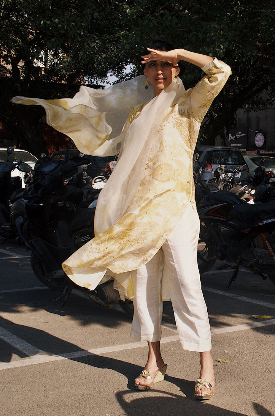 Hand-printed bridal suit set with natural leaf prints