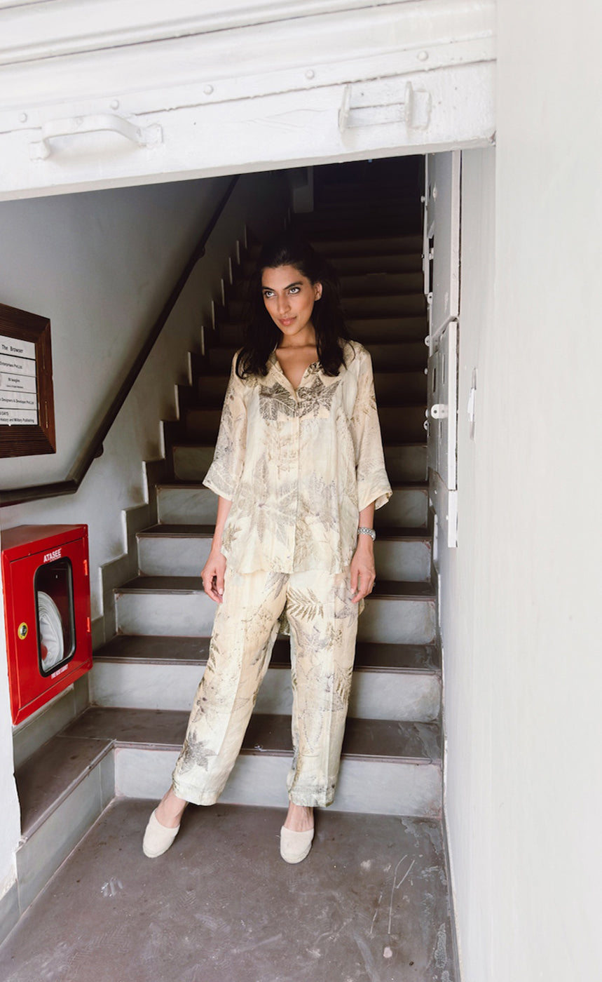 Botanical eco-printed mulberry silk long shirt