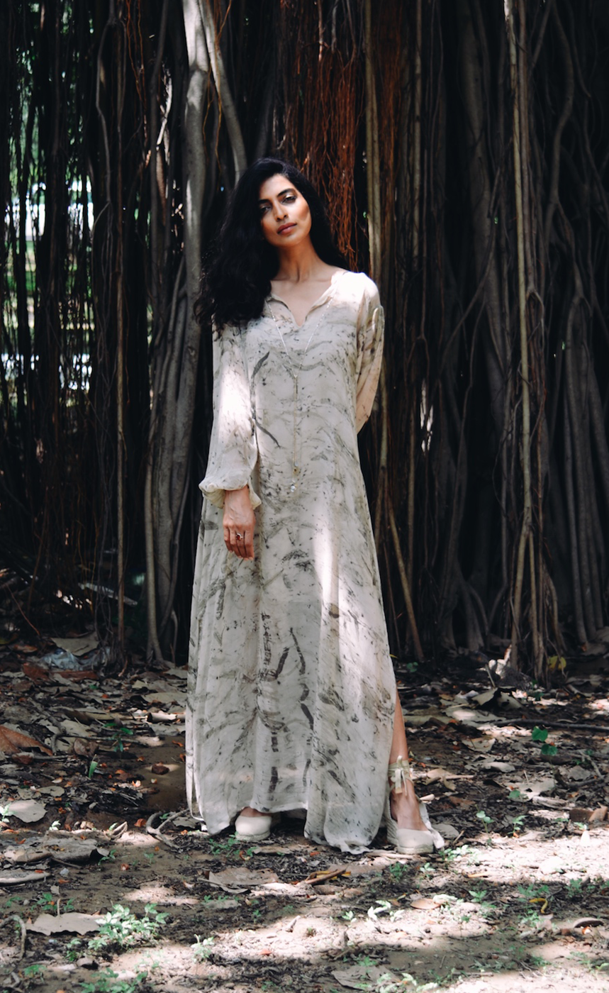 Eucalyptus eco-printed silk chiffon long dress