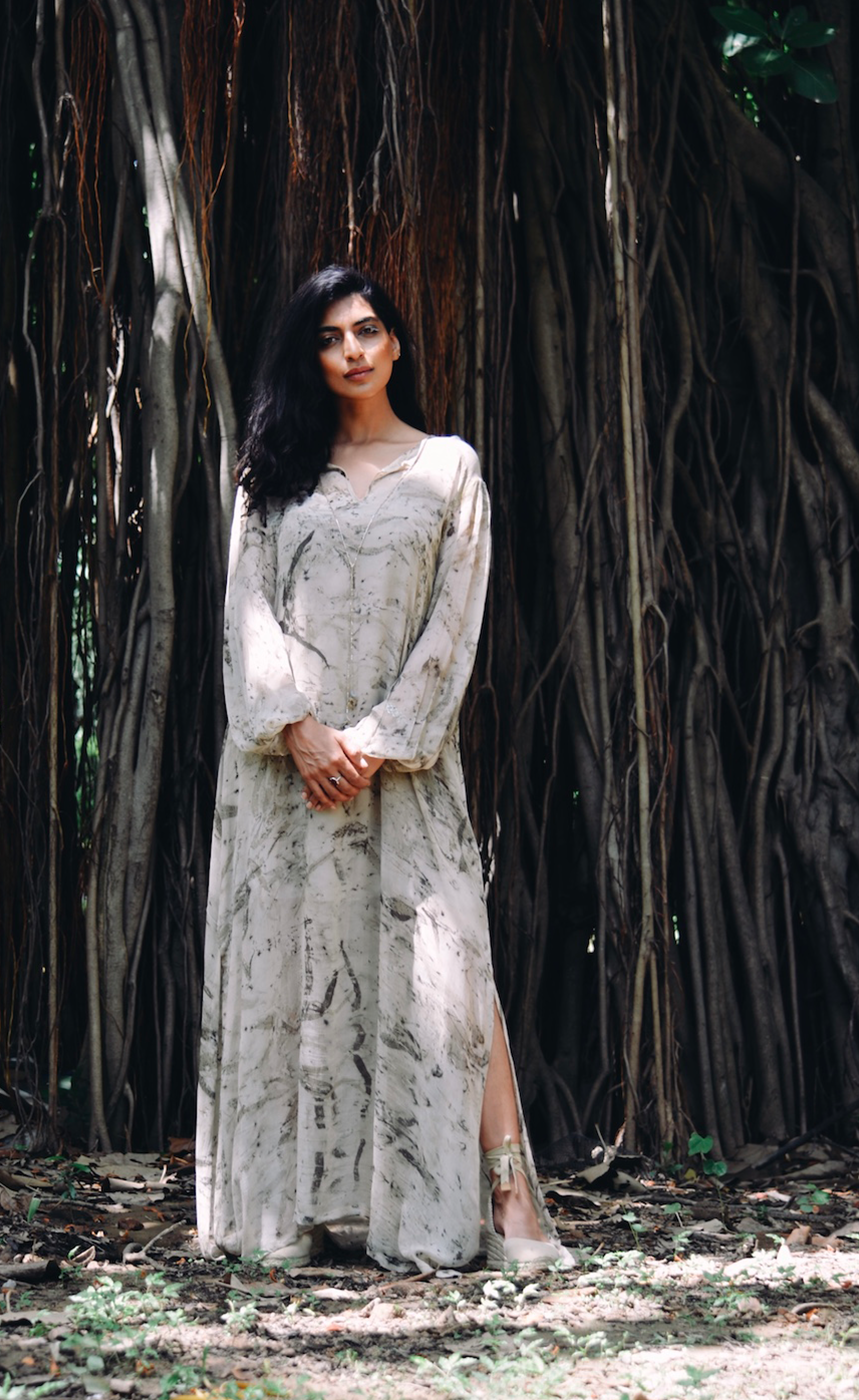 Eucalyptus eco-printed silk chiffon long dress