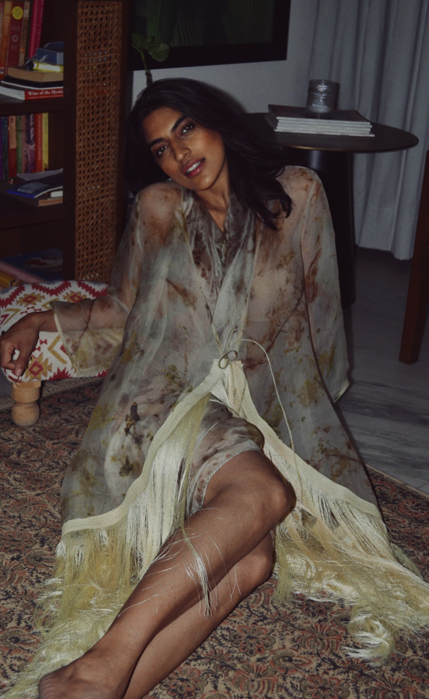 Floral eco-printed silk organza sheer cape fringe dress