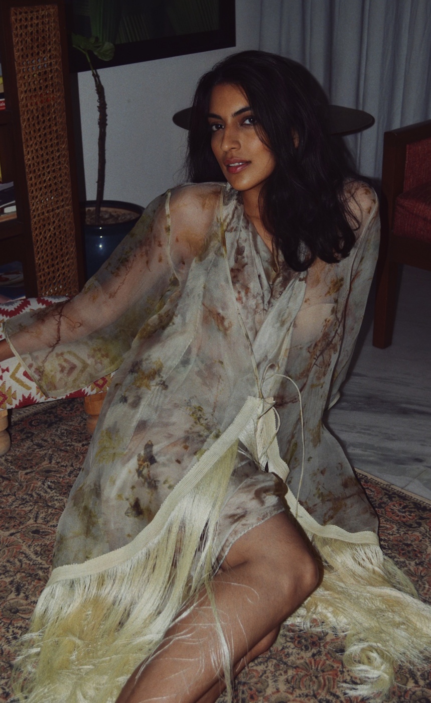 Floral eco-printed silk organza sheer cape fringe dress