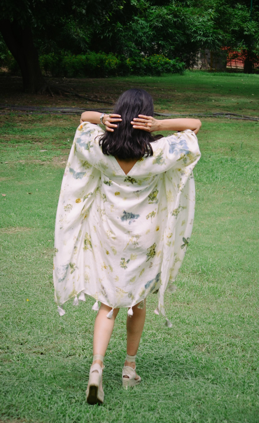 Floral blossoms eco-printed mulberry silk kaftan