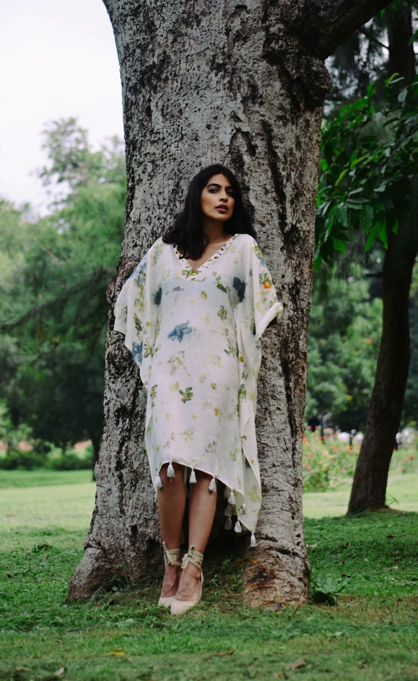 Floral blossoms eco-printed mulberry silk kaftan