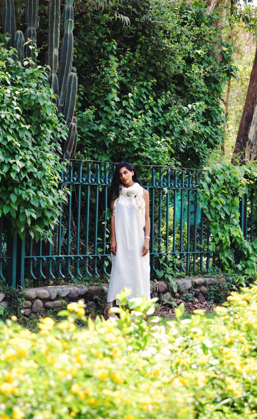 Pale yellow pure linen dress with side slits
