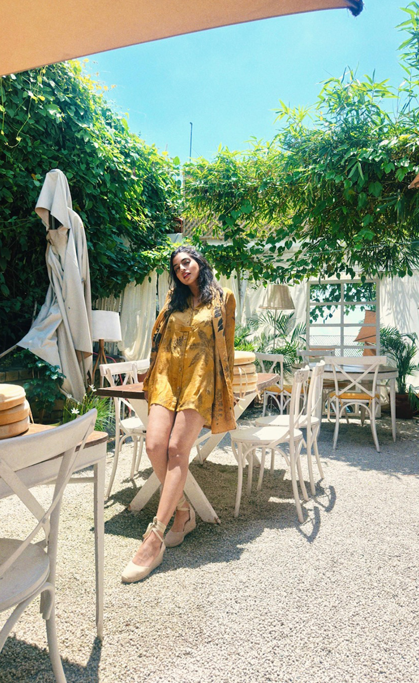 Turmeric dyed eco-printed mulberry silk long shirt