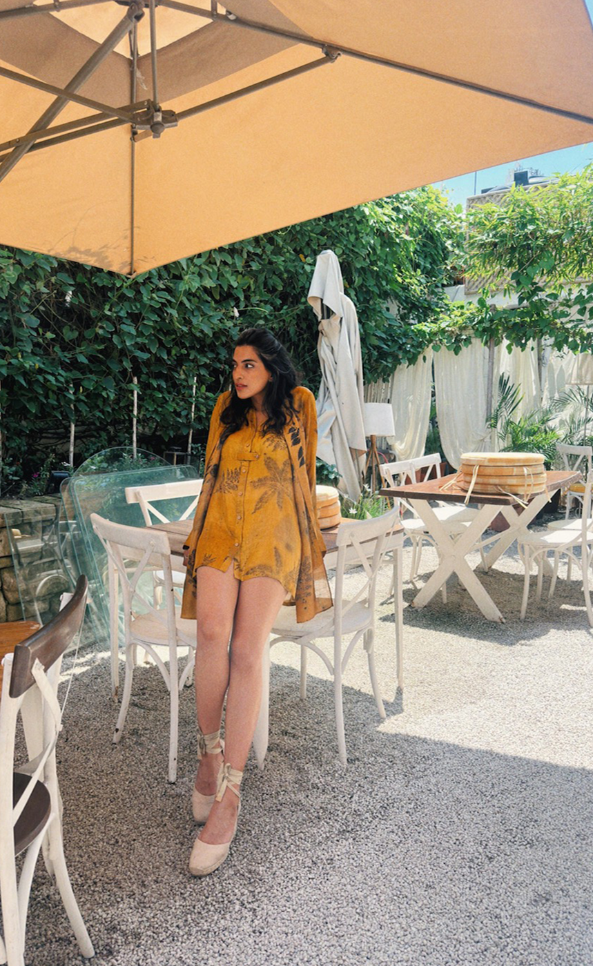 Turmeric dyed eco-printed mulberry silk long shirt