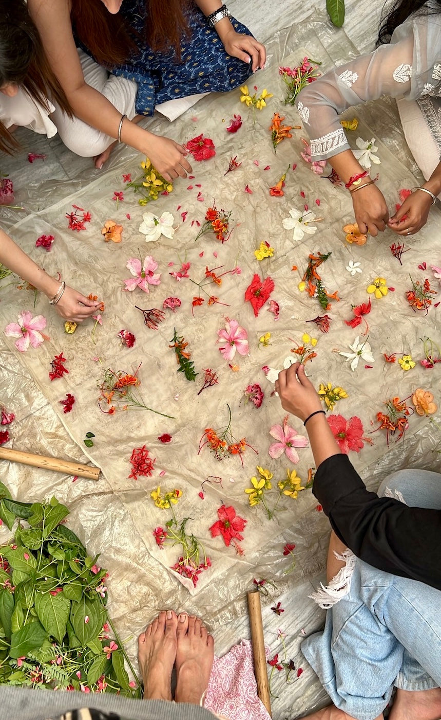 Jasmine Bains is a fashion designer based in Chandigarh with a focus on eco printed Indian textiles such as handwoven mulberry silk, organza, linen, scarves and other fine silks. 