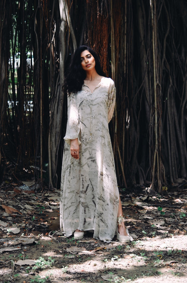 Eucalyptus eco-printed silk chiffon long dress