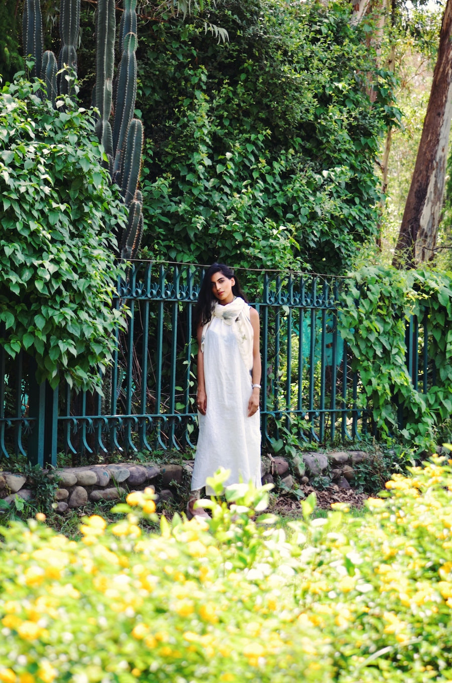 Pale yellow pure linen dress with side slits