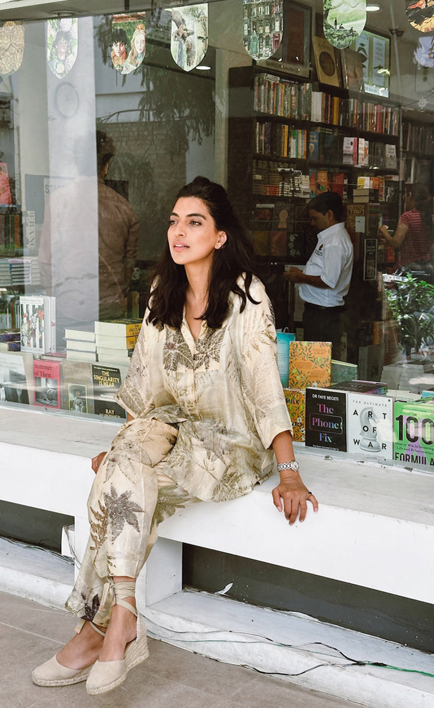 Botanical eco-printed mulberry silk pocket pants