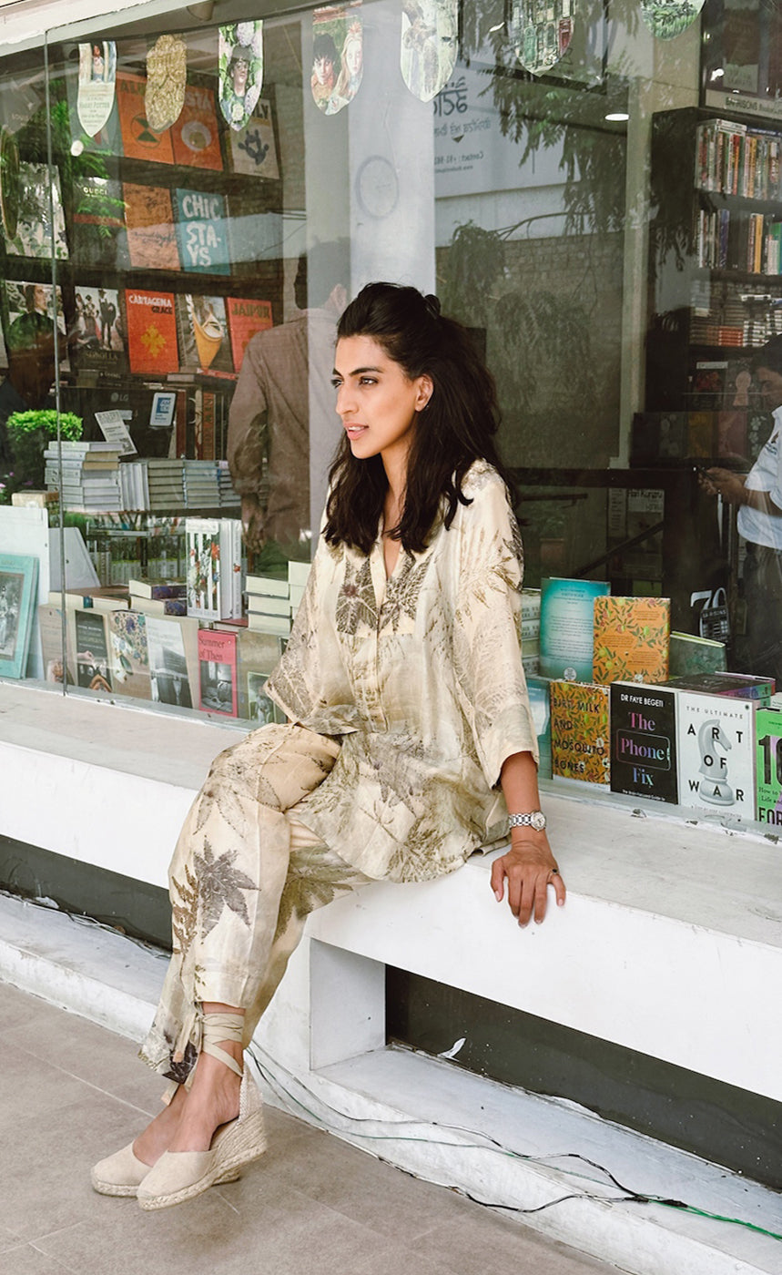 Botanical eco-printed mulberry silk pocket pants