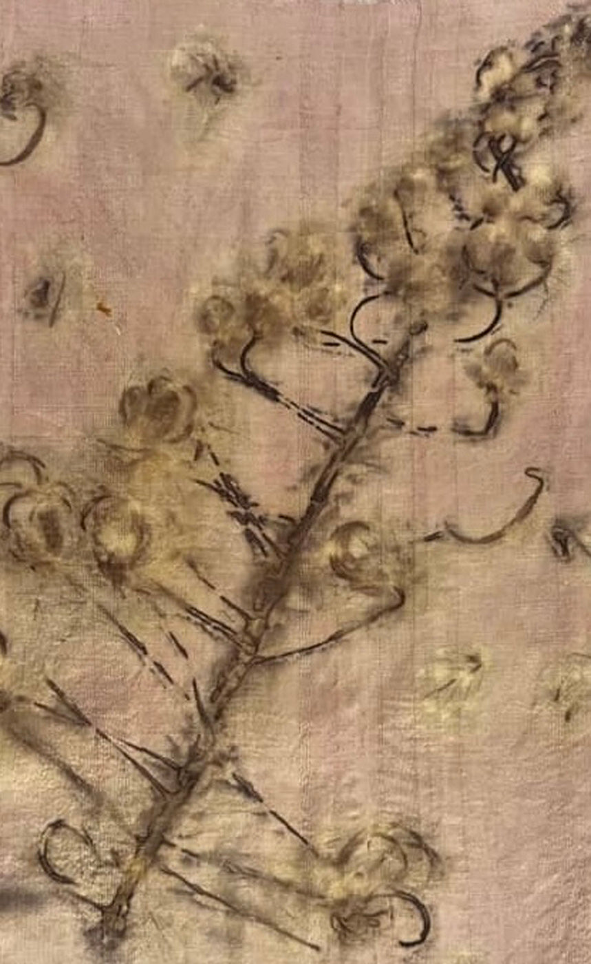 Blush madder-dyed mulberry silk with floral eco-printed motifs, handmade in Chandigarh, India