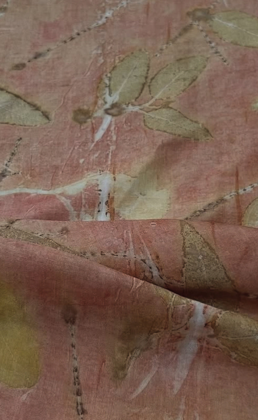 Madder-dyed mulberry silk with eucalyptus leaf eco-printed motifs, handmade in Chandigarh, India