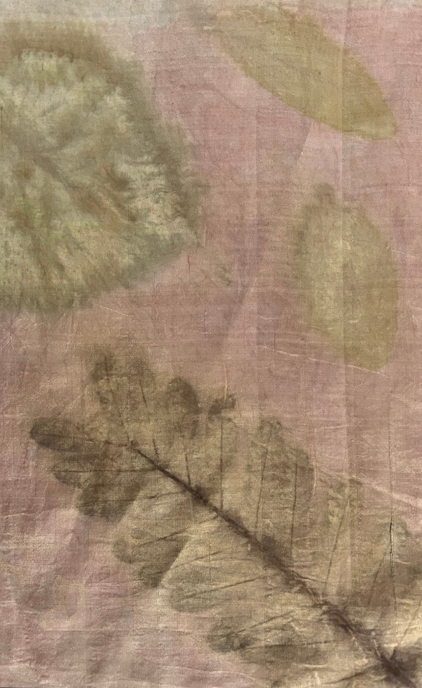 Blush orange madder-dyed mulberry silk with leaf eco-printed motifs, handmade in Chandigarh, India