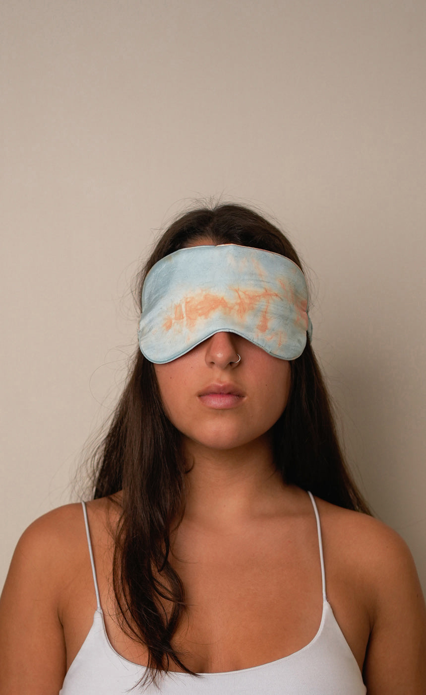 tie and dye blue satin sleeping eye mask cloeseup