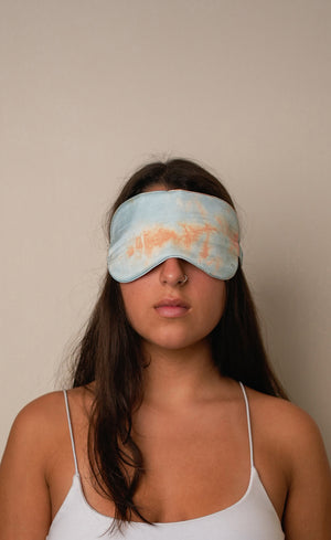 tie and dye marble batik print blue sleeping eye mask on model
