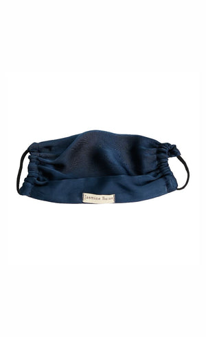 Navy blue face mask with drawstring on a white background
