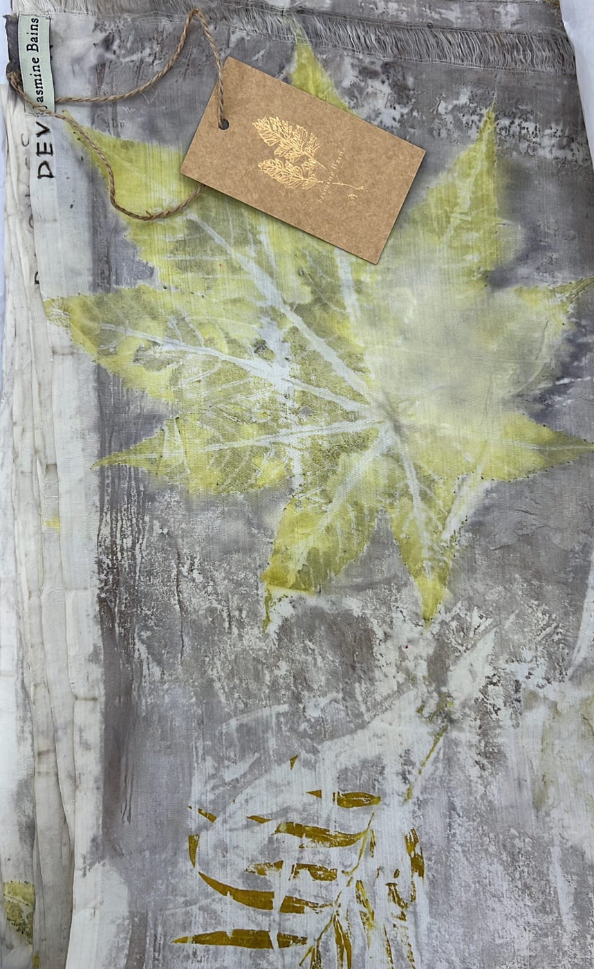 Cool grey oakgall-dyed mulberry silk with botanical leaf eco-printed motifs, Chandigarh, India