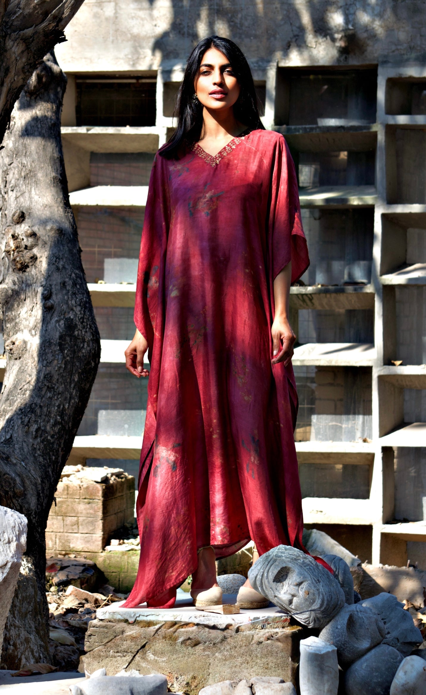 Pink Embellished Neck Eco-Printed Kaftan