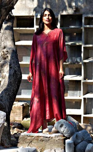 Pink Embellished Neck Eco-Printed Kaftan