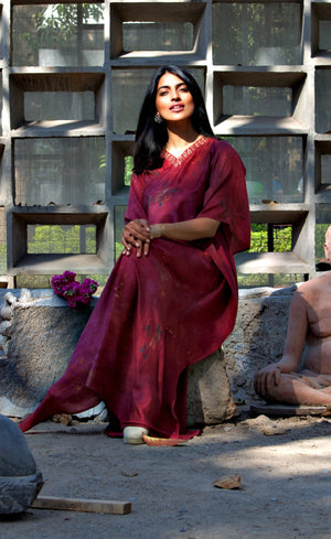 Pink Embellished Neck Eco-Printed Kaftan