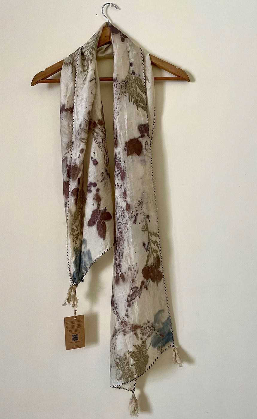 rose hibiscus silver oak eco printed ivory mulberry silk scarf handmade Chandigarh India