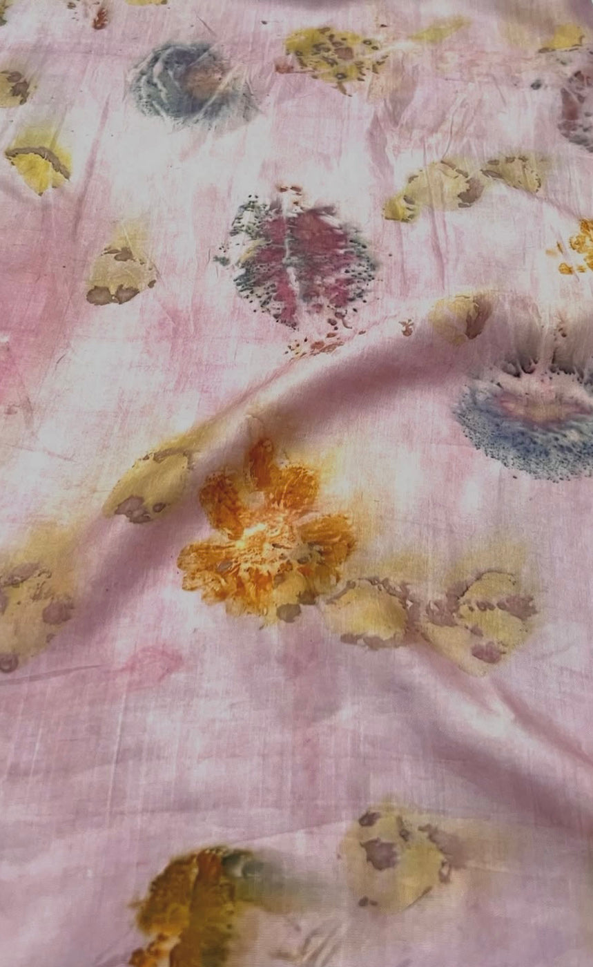 Dusty pink sappanwood-dyed mulberry silk with floral eco-printed motifs, Chandigarh, India