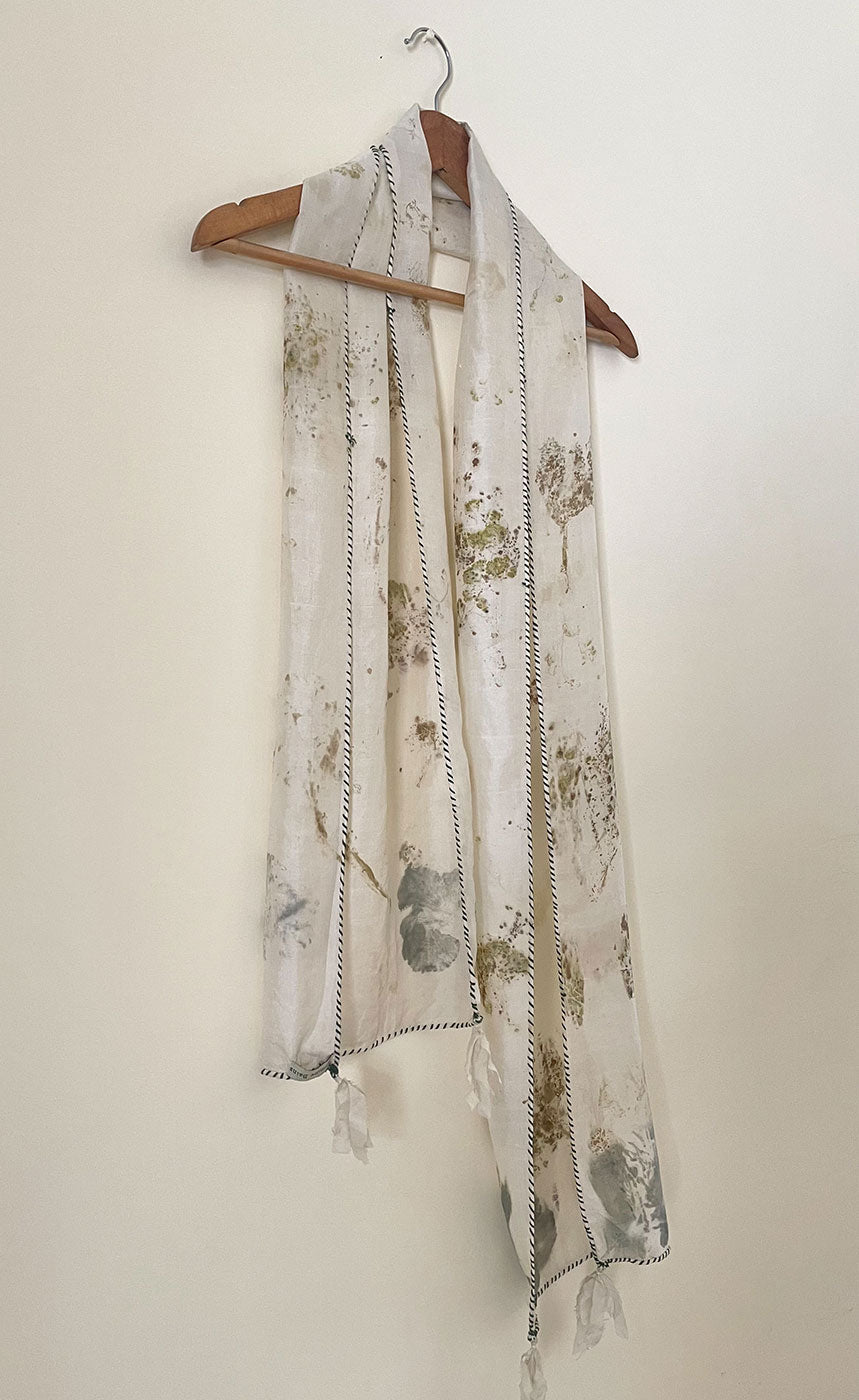 wildflower hibiscus eco printed natural undyed mulberry silk scarf handmade Chandigarh India