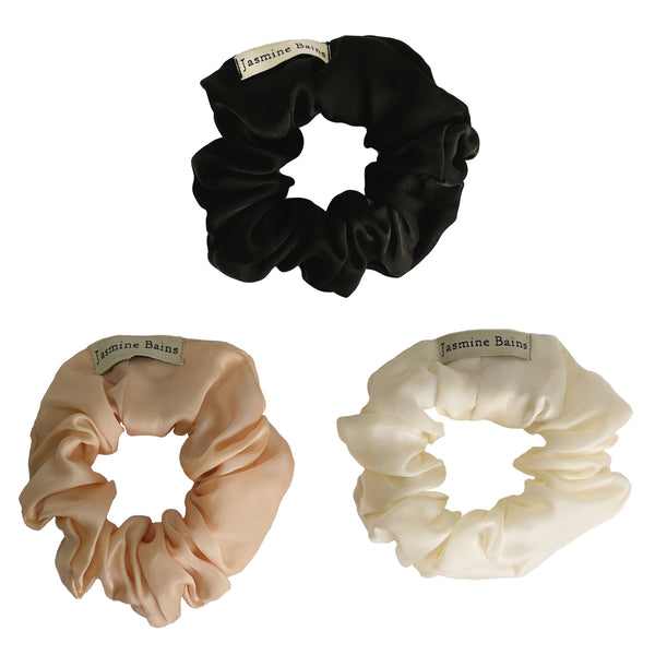 Mulberry Silk Ruffled Hair Scrunchies (Pack of 3) - Elegant Mix of Creamy-Beige, Ivory & Black
