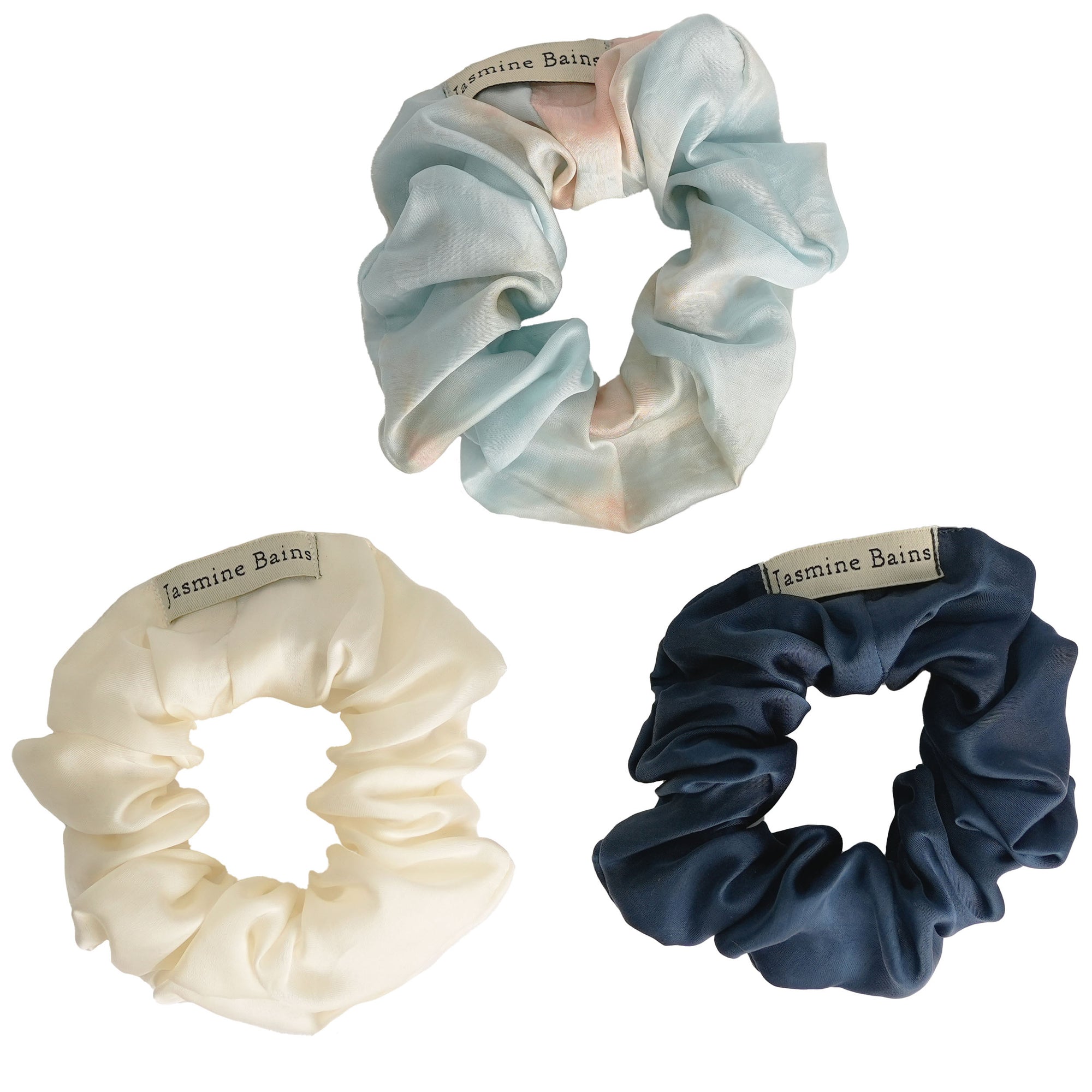 Mulberry Silk Ruffled Hair Scrunchies (Pack Of 3) - Elegant Mix Of Marble-Blue, Ivory & Midnight-Blue