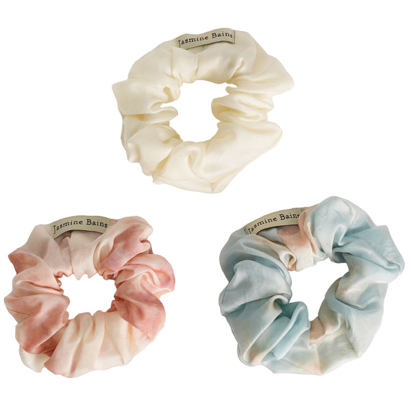 Mulberry Silk Ruffled Hair Scrunchies (Pack Of 3) - Elegant Mix Of Marble-Blue, Ivory & Marble-Rust