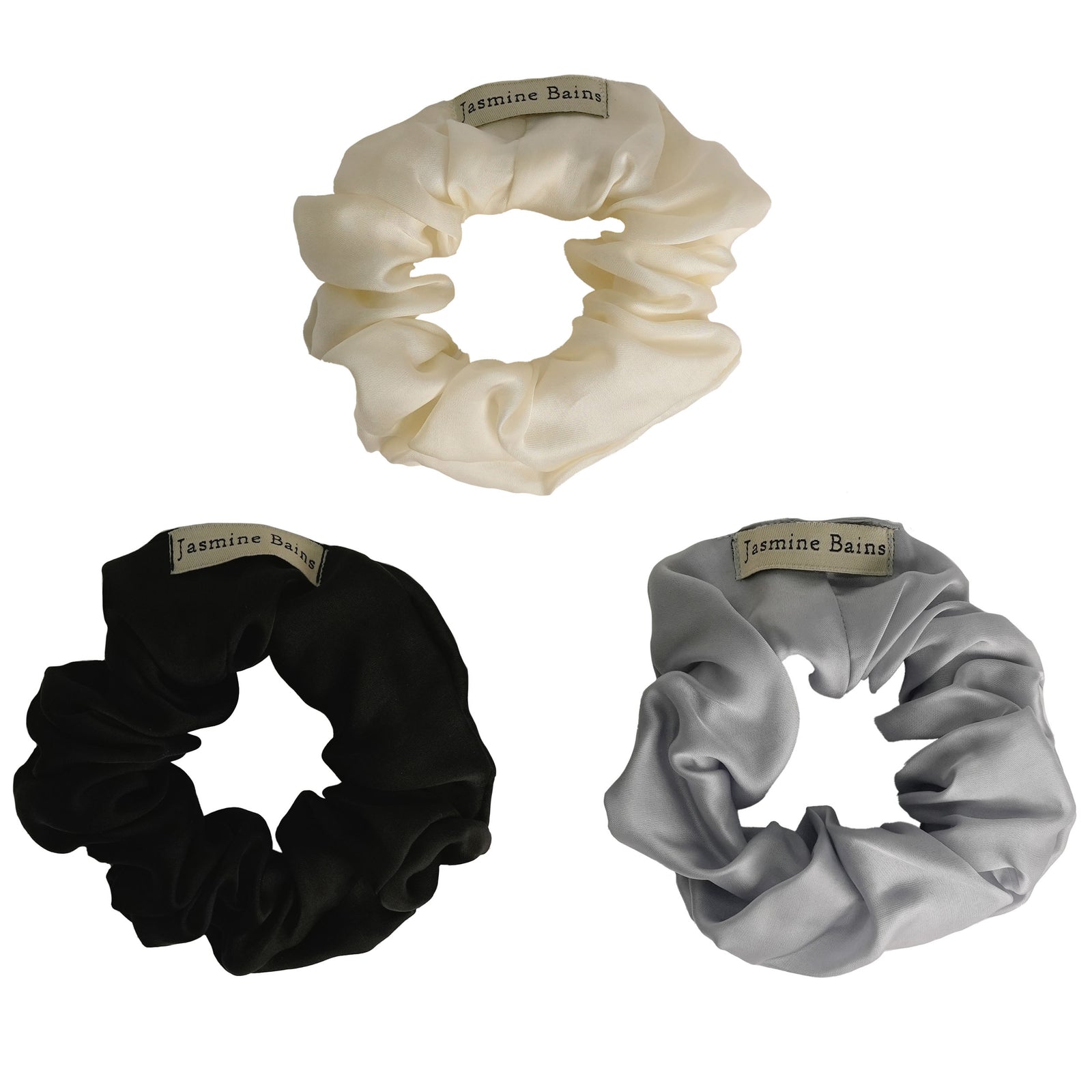 Mulberry Silk Ruffled Hair Scrunchies (Pack Of 3) - Elegant Mix Of Ivory, Steel-Grey & Black