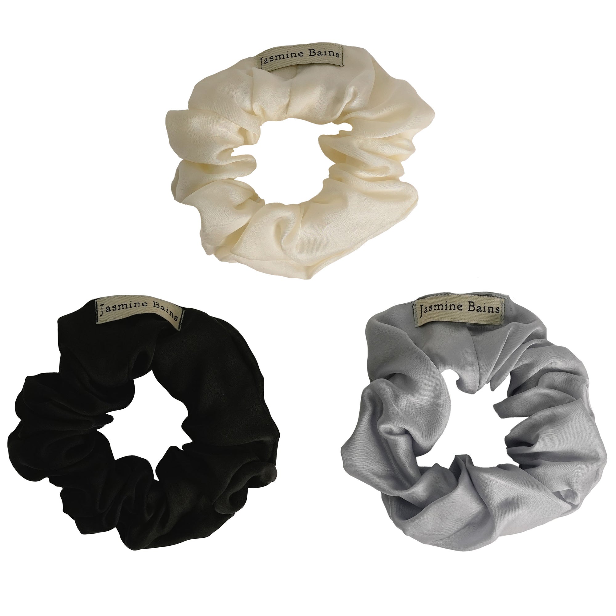 Mulberry Silk Ruffled Hair Scrunchies (Pack Of 3) - Elegant Mix Of Ivory, Steel-Grey & Black