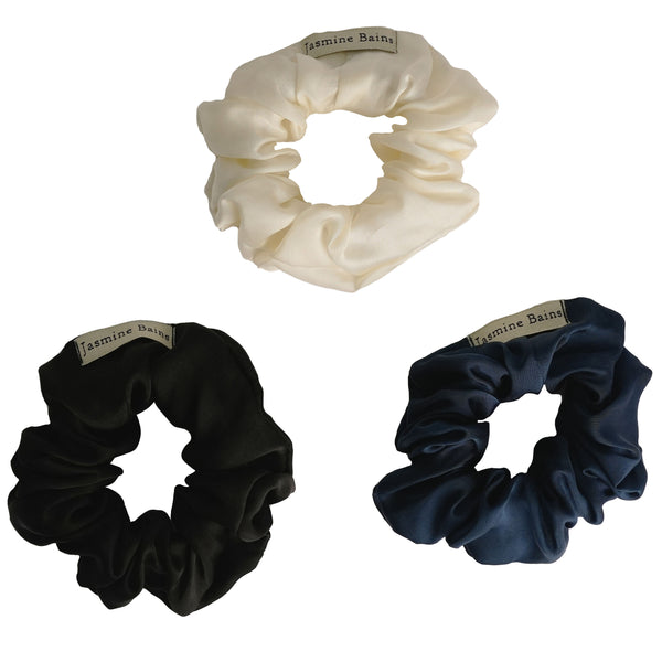 Mulberry Silk Ruffled Hair Scrunchies (Pack Of 3) - Elegant Mix Of Ivory, Midnight-Blue & Black
