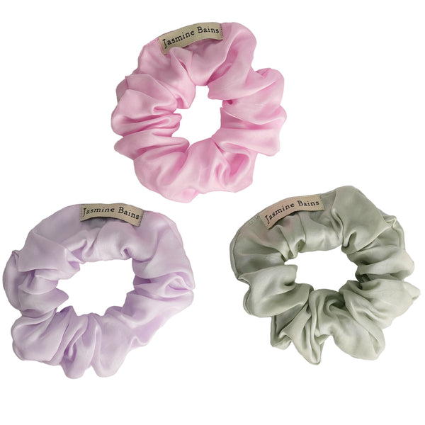 Mulberry Silk Ruffled Hair Scrunchies (Pack of 3) - Elegant Mix of Candy-Pink, Lavender & Aqua-Green