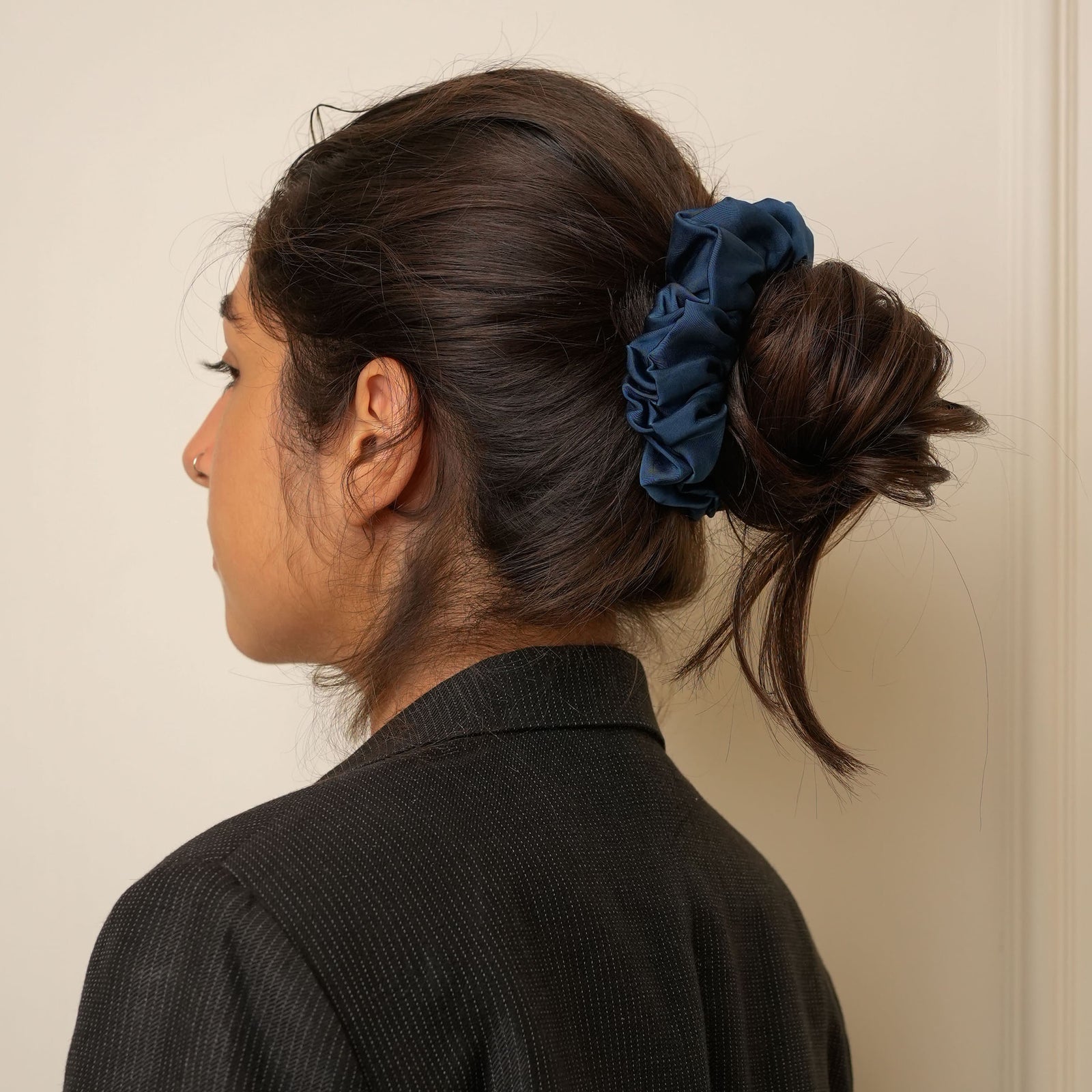 Mulberry Silk Ruffled Hair Scrunchies (Pack Of 3) - Elegant Mix Of Marble-Blue, Ivory & Midnight-Blue