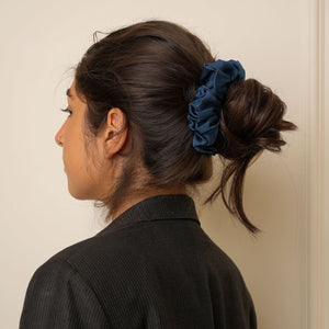 Mulberry Silk Ruffled Hair Scrunchies (Pack Of 3) - Elegant Mix Of Marble-Blue, Ivory & Midnight-Blue