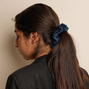 Mulberry Silk Ruffled Hair Scrunchies (Pack Of 3) - Elegant Mix Of Ivory, Midnight-Blue & Black