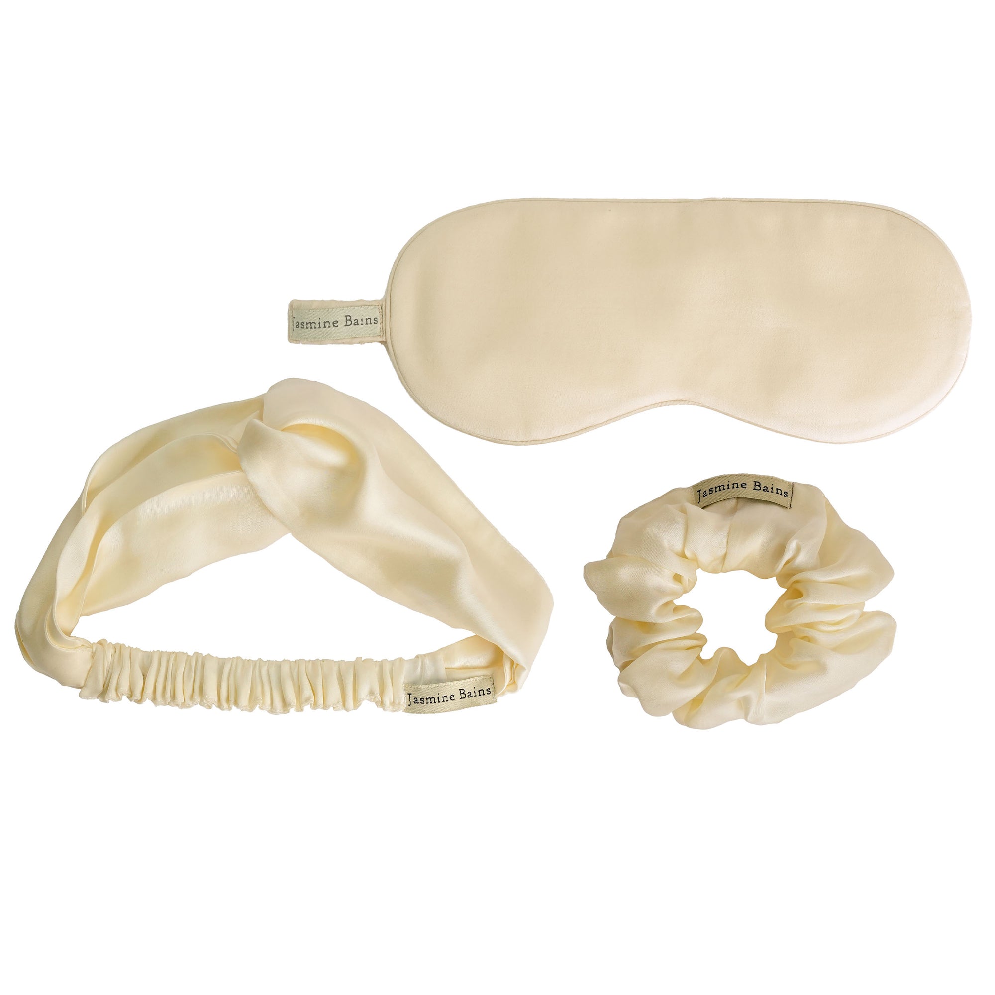 Mulberry Silk Knotted Silk Headband (Ivory) + Matching Ruffled Silk Scrunchie + Eye Mask Of Same Colour (Pack Of 3)