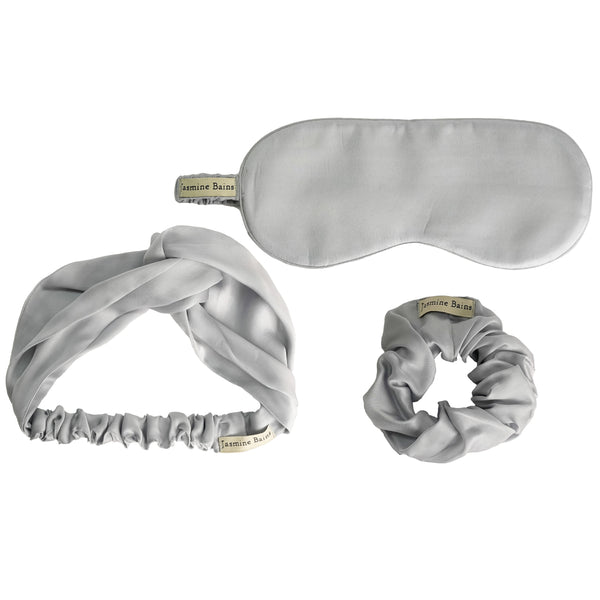 Mulberry Silk Knotted Headband (Steel-Grey) + Matching Ruffled Silk Scrunchie + Eye Mask Of Same Colour (Pack Of 3)