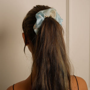 Mulberry Silk Ruffled Hair Scrunchie - Marble-Blue