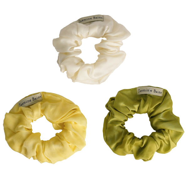 Mulberry Silk Ruffled Hair Scrunchies (Pack Of 3) - Elegant Mix Of Lime-Green, Ivory & Lemon-Yellow