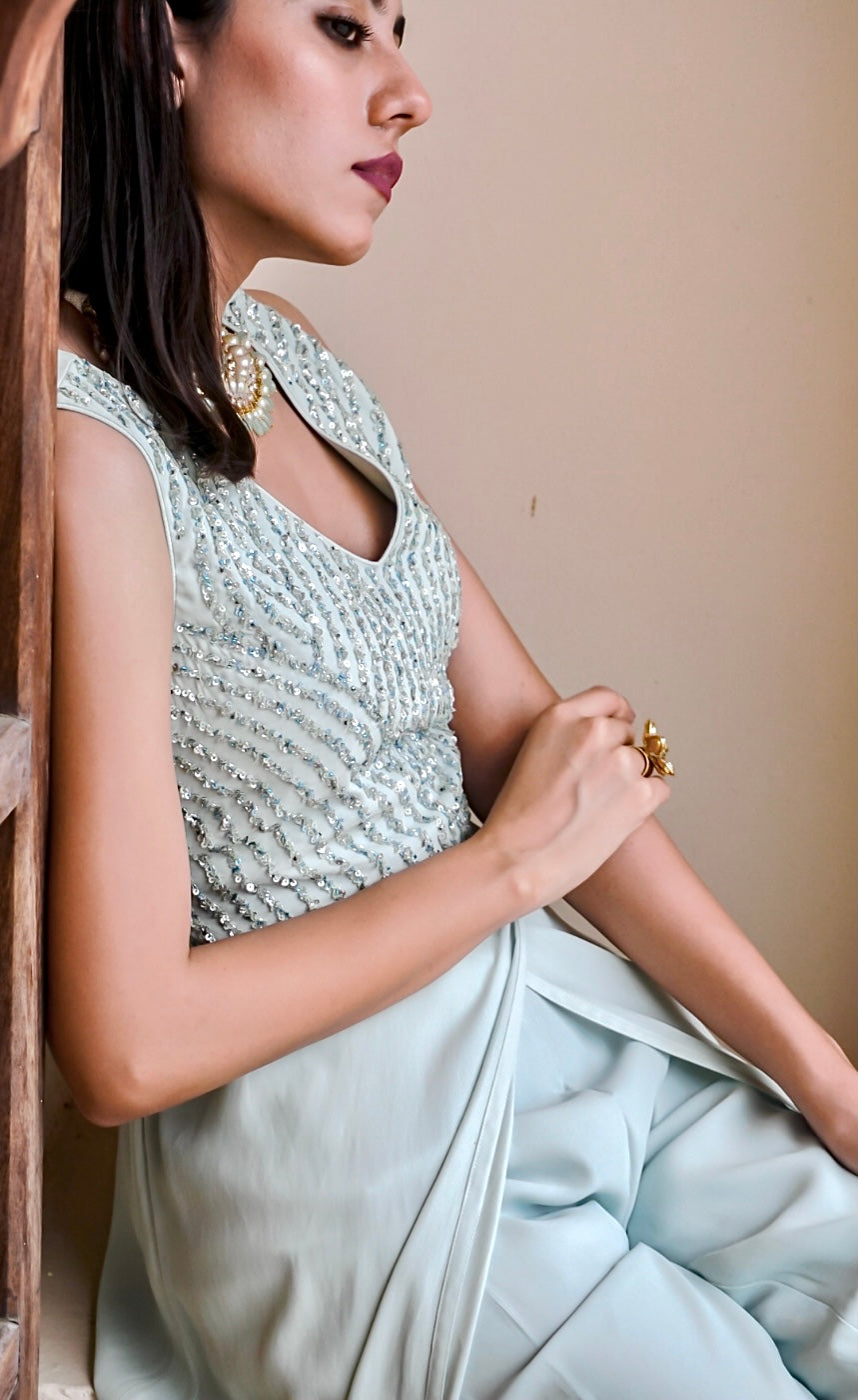 Aqua blue front slit gown with trousers