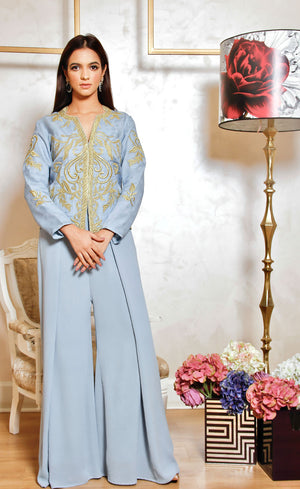 Blue grey organza short jacket fully embroidered with gold work with wide legged palazzos. 